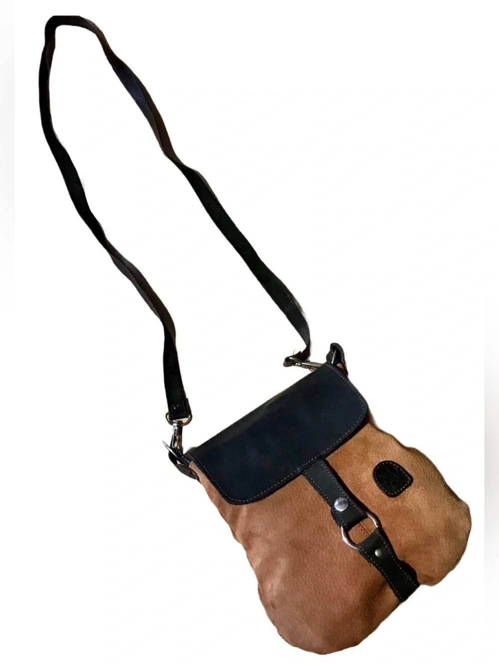 EL CEIBO HANDCRAFTED TAN SUEDE AND BLACK LEATHER CROSSBODY MESSENGER BAG